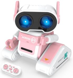 stemtron rc robot toys for kids, rechargeable remote control robot toy for boys & girls, with auto demo, dance moves, music, shining 7 colors led eyes & flexible head, ears & arms