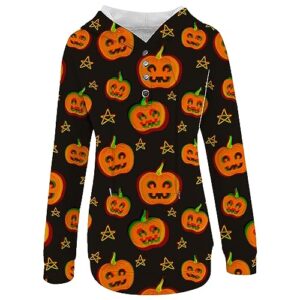 iHPH7 Women's Casual Hoodies Button Pullover Drawstring Long Sleeve Sweatshirts Halloween Ghost Print Pumpkin Pockets Blouses