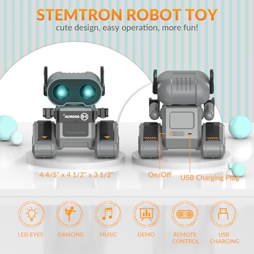 STEMTRON RC Robot Toys for Kids, Rechargeable Remote Control Robot Toy for Boys & Girls, with Auto Demo, Dance Moves, Music, Shining 7 Colors LED Eyes & Flexible Head, Ears & Arms