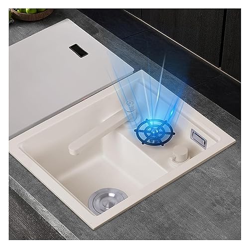 DOKERS Waterfall Kitchen Sink Kitchen Sink Quartz Stone White Invisible Small Sink with Cup Washer Kitchen Single Sink Hidden Bar Island Sink (Color : 1, Size : 48X38X22.5Cm)