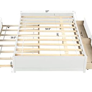 OPTOUGH Full Size Platform Bed with Trundle and 2 Drawers, Solid Wood Full Kids Beds, White