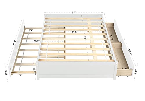 OPTOUGH Full Size Platform Bed with Trundle and 2 Drawers, Solid Wood Full Kids Beds, White