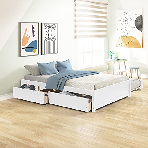 OPTOUGH Full Size Platform Bed with Trundle and 2 Drawers, Solid Wood Full Kids Beds, White