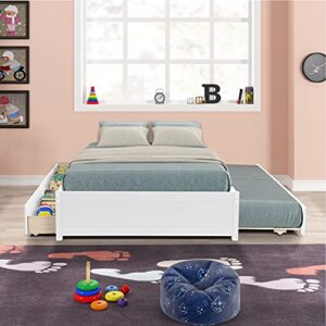 OPTOUGH Full Size Platform Bed with Trundle and 2 Drawers, Solid Wood Full Kids Beds, White