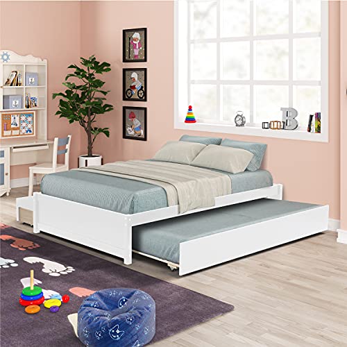 OPTOUGH Full Size Platform Bed with Trundle and 2 Drawers, Solid Wood Full Kids Beds, White