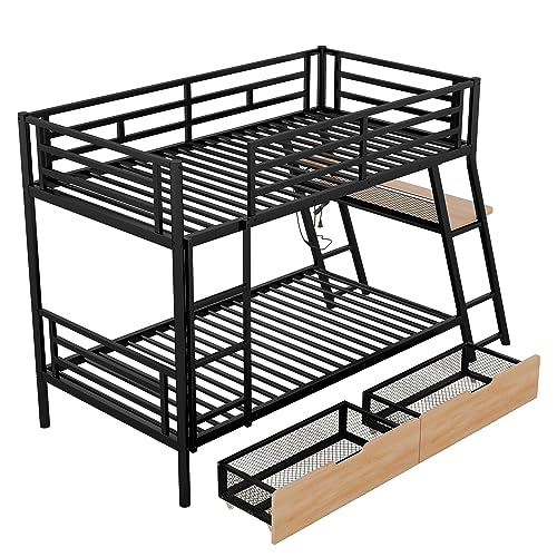 WADRI Modern Twin Size Bunk Bed with Built-in Desk and 2 Drawers, Metal Bunk Bed Frame with Light and Metal Slat Support for Kids Teens Boys Girls Bedroom