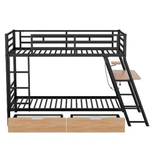 WADRI Modern Twin Size Bunk Bed with Built-in Desk and 2 Drawers, Metal Bunk Bed Frame with Light and Metal Slat Support for Kids Teens Boys Girls Bedroom