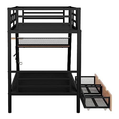 WADRI Modern Twin Size Bunk Bed with Built-in Desk and 2 Drawers, Metal Bunk Bed Frame with Light and Metal Slat Support for Kids Teens Boys Girls Bedroom