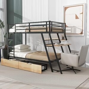 WADRI Modern Twin Size Bunk Bed with Built-in Desk and 2 Drawers, Metal Bunk Bed Frame with Light and Metal Slat Support for Kids Teens Boys Girls Bedroom