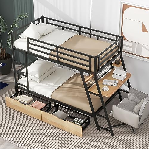 SIYSNKSI Twin Size Bunk Bed with Built-in Desk and 2 Drawers, Metal Bunk Bed Frame with Light and Metal Slat Support for Kids Teens Boys Girls Bedroom, No Box Spring Needed