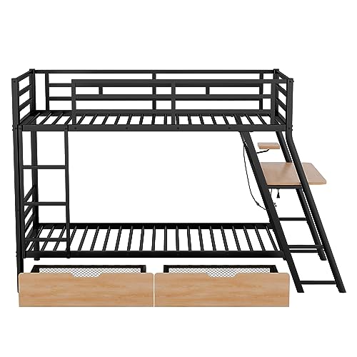 SIYSNKSI Twin Size Bunk Bed with Built-in Desk and 2 Drawers, Metal Bunk Bed Frame with Light and Metal Slat Support for Kids Teens Boys Girls Bedroom, No Box Spring Needed