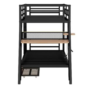 SIYSNKSI Twin Size Bunk Bed with Built-in Desk and 2 Drawers, Metal Bunk Bed Frame with Light and Metal Slat Support for Kids Teens Boys Girls Bedroom, No Box Spring Needed