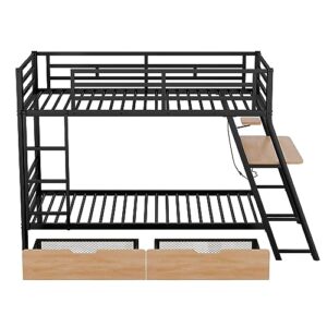 SIYSNKSI Twin Size Bunk Bed with Built-in Desk and 2 Drawers, Metal Bunk Bed Frame with Light and Metal Slat Support for Kids Teens Boys Girls Bedroom, No Box Spring Needed