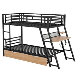 SIYSNKSI Twin Size Bunk Bed with Built-in Desk and 2 Drawers, Metal Bunk Bed Frame with Light and Metal Slat Support for Kids Teens Boys Girls Bedroom, No Box Spring Needed