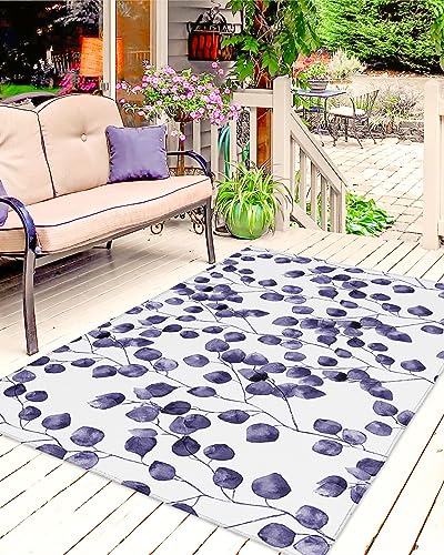 Outdoor Rug for Patio Purple Watercolor Plants Leaves 4'x6' Mat Carpet,Reversible Camping Aera Rugs,Rv,Porch,Deck,Camper,Balcony,Backyard