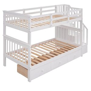 Harper & Bright Designs Twin Over Twin Bunk Bed with Stairs and Drawers, Solid Wood Stairway Bunk Bed with Storage for Kids Teens Adults, Bedroom, Dorm - White