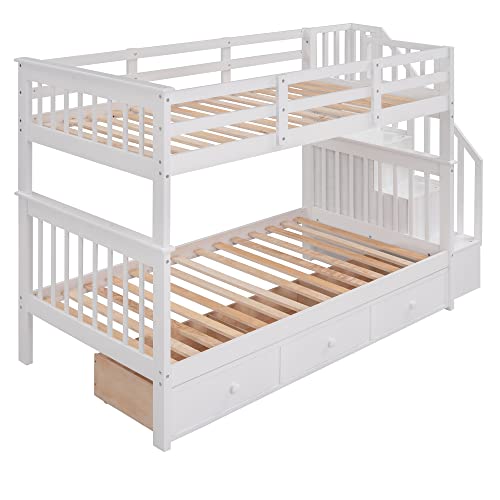 Harper & Bright Designs Twin Over Twin Bunk Bed with Stairs and Drawers, Solid Wood Stairway Bunk Bed with Storage for Kids Teens Adults, Bedroom, Dorm - White