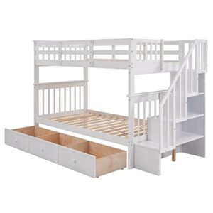 Harper & Bright Designs Twin Over Twin Bunk Bed with Stairs and Drawers, Solid Wood Stairway Bunk Bed with Storage for Kids Teens Adults, Bedroom, Dorm - White