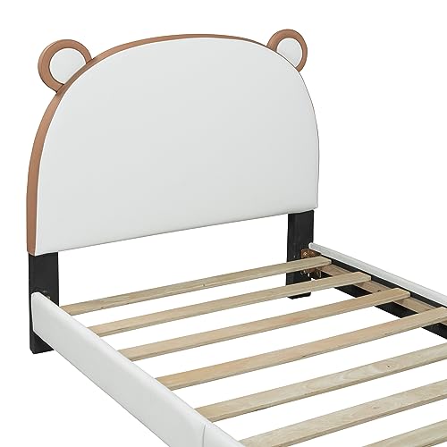 Twin Platform Bed Frame, Platform Bed for Girls Boys, Modern PU Leather Upholstered Platform Bed with Bear-Shaped Headboard and Footboard, Noise-Free, No Box Spring Needed (White+Brown)