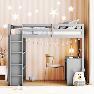 deyobed twin size wooden loft bed frame with desk, storage drawers, open shelves, and ladder - maximizing bedroom space with practical furniture for kids and teens