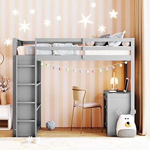 DEYOBED Twin Size Wooden Loft Bed Frame with Desk, Storage Drawers, Open Shelves, and Ladder - Maximizing Bedroom Space with Practical Furniture for Kids and Teens