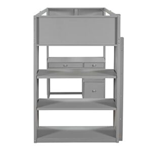 DEYOBED Twin Size Wooden Loft Bed Frame with Desk, Storage Drawers, Open Shelves, and Ladder - Maximizing Bedroom Space with Practical Furniture for Kids and Teens