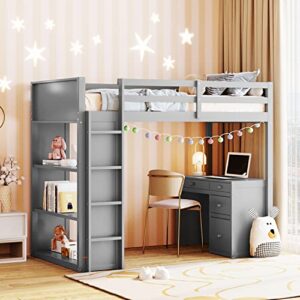 DEYOBED Twin Size Wooden Loft Bed Frame with Desk, Storage Drawers, Open Shelves, and Ladder - Maximizing Bedroom Space with Practical Furniture for Kids and Teens