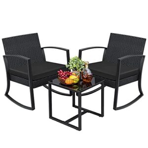 greesum 3 pieces outdoor furniture set patio bistro rocking chairs with glass coffee table for pool beach backyard balcony porch deck garden, black