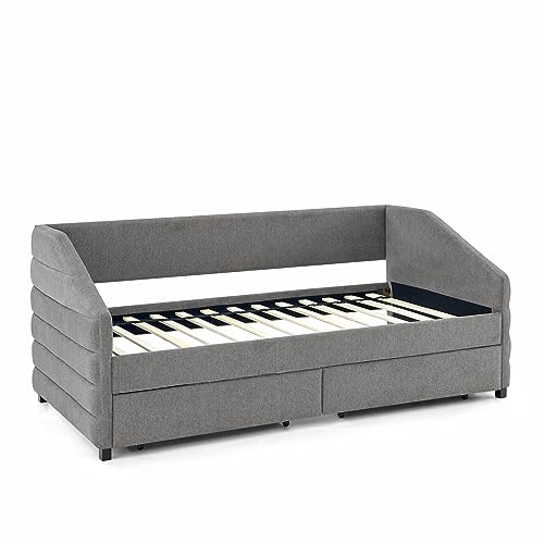 Twin Size Daybed with Storage Drawers, Linen Upholstered Sofa Bed Frame, Modern Tufted Day Beds for Bedroom Living Room Guest Room, Gray