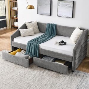 Twin Size Daybed with Storage Drawers, Linen Upholstered Sofa Bed Frame, Modern Tufted Day Beds for Bedroom Living Room Guest Room, Gray