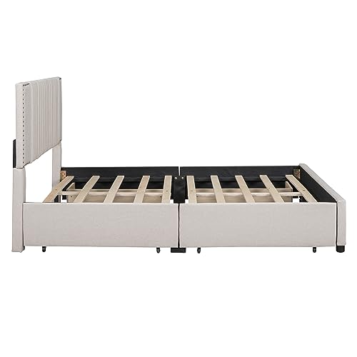 Upholstered Queen Size Platform Bed Frame with 4 Storage Drawers, Linen Fabric Upholstered Platform Bed Frame with Strong Wooden Slats Support/Classic Headboard/No Box Spring Needed (Beige, Queen)