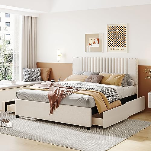 Upholstered Queen Size Platform Bed Frame with 4 Storage Drawers, Linen Fabric Upholstered Platform Bed Frame with Strong Wooden Slats Support/Classic Headboard/No Box Spring Needed (Beige, Queen)