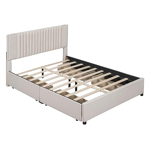 Upholstered Queen Size Platform Bed Frame with 4 Storage Drawers, Linen Fabric Upholstered Platform Bed Frame with Strong Wooden Slats Support/Classic Headboard/No Box Spring Needed (Beige, Queen)