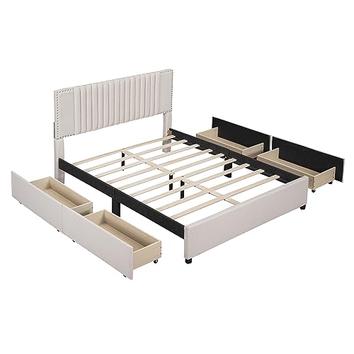 Upholstered Queen Size Platform Bed Frame with 4 Storage Drawers, Linen Fabric Upholstered Platform Bed Frame with Strong Wooden Slats Support/Classic Headboard/No Box Spring Needed (Beige, Queen)