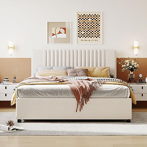 Upholstered Queen Size Platform Bed Frame with 4 Storage Drawers, Linen Fabric Upholstered Platform Bed Frame with Strong Wooden Slats Support/Classic Headboard/No Box Spring Needed (Beige, Queen)