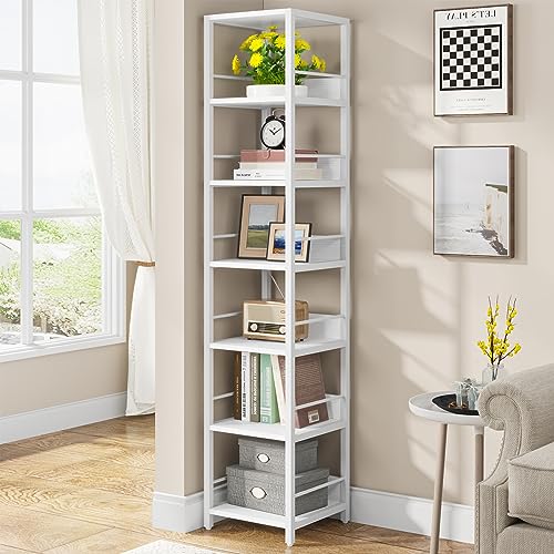 Tribesigns 6-Tier Corner Shelf, 75 Inch Tall Narrow Bookshelf Storage Rack, Etagere Shelves Display Stand for Small Spaces, Open Bookcase Square Shelf Tower for Living Room Bathroom, White