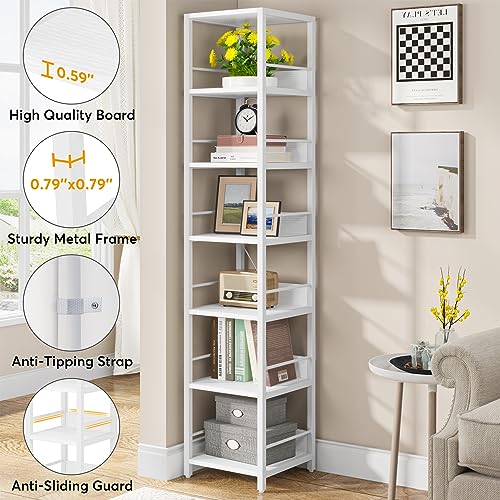 Tribesigns 6-Tier Corner Shelf, 75 Inch Tall Narrow Bookshelf Storage Rack, Etagere Shelves Display Stand for Small Spaces, Open Bookcase Square Shelf Tower for Living Room Bathroom, White