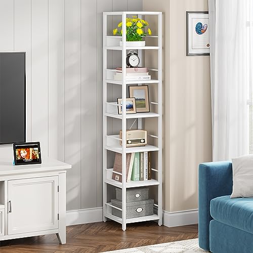 Tribesigns 6-Tier Corner Shelf, 75 Inch Tall Narrow Bookshelf Storage Rack, Etagere Shelves Display Stand for Small Spaces, Open Bookcase Square Shelf Tower for Living Room Bathroom, White