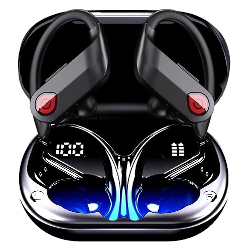 Wireless Earbuds Bluetooth Headphones IPX7 Waterproof Hanging Ears Immersive HiFi Charging Case Digital Display Headset Premium Deep Bass for Sports Running Gaming Black