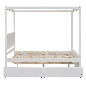 Wood Canopy Bed with 4 Storage Drawers, Full Size Canopy Platform Bed Frame with Headboard & Footboard for Kids Girls Boys, No Box Spring Needed (Brushed White)