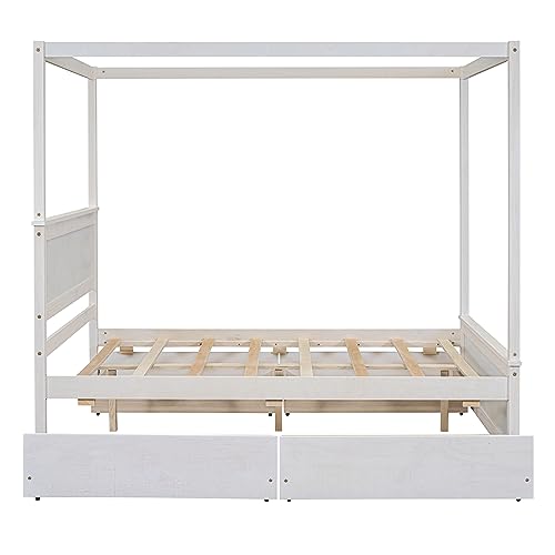 Wood Canopy Bed with 4 Storage Drawers, Full Size Canopy Platform Bed Frame with Headboard & Footboard for Kids Girls Boys, No Box Spring Needed (Brushed White)