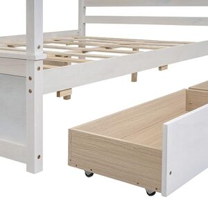 Wood Canopy Bed with 4 Storage Drawers, Full Size Canopy Platform Bed Frame with Headboard & Footboard for Kids Girls Boys, No Box Spring Needed (Brushed White)