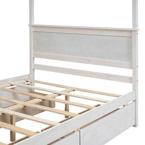 Wood Canopy Bed with 4 Storage Drawers, Full Size Canopy Platform Bed Frame with Headboard & Footboard for Kids Girls Boys, No Box Spring Needed (Brushed White)