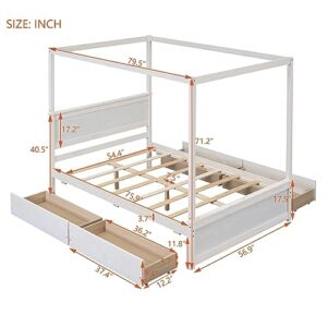 Wood Canopy Bed with 4 Storage Drawers, Full Size Canopy Platform Bed Frame with Headboard & Footboard for Kids Girls Boys, No Box Spring Needed (Brushed White)