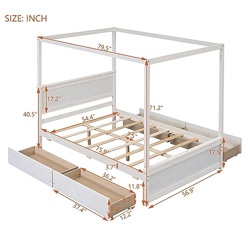 Wood Canopy Bed with 4 Storage Drawers, Full Size Canopy Platform Bed Frame with Headboard & Footboard for Kids Girls Boys, No Box Spring Needed (Brushed White)