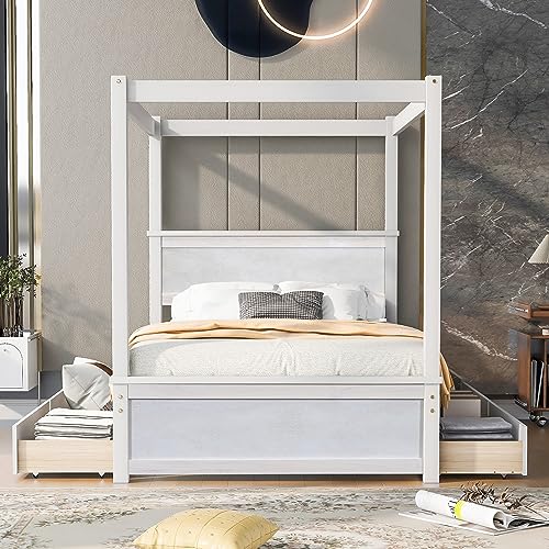 Wood Canopy Bed with 4 Storage Drawers, Full Size Canopy Platform Bed Frame with Headboard & Footboard for Kids Girls Boys, No Box Spring Needed (Brushed White)