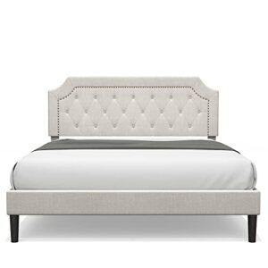 bonsoir queen size sand color bed frame upholstered low profile traditional platform with tufted and nail headboard