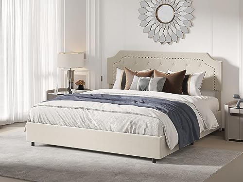 BONSOIR Queen Size Sand Color Bed Frame Upholstered Low Profile Traditional Platform with Tufted and Nail Headboard