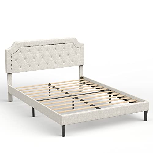 BONSOIR Queen Size Sand Color Bed Frame Upholstered Low Profile Traditional Platform with Tufted and Nail Headboard