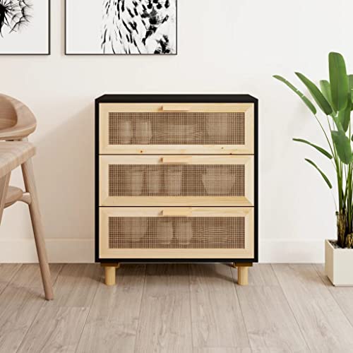 ULUYYUC Sideboard Black 23.6"x11.8"x27.6" Solid Wood Pine and Natural Rattan,Retro Side Cabinet Display Bedside with Storage Function Suitable for Living Room,Dining Room,Entryway,Kitchen